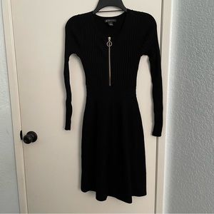 NEW INC Black Long Sleeve Zip Neck Ribbed Fit and Flare Sweater Dress Size S